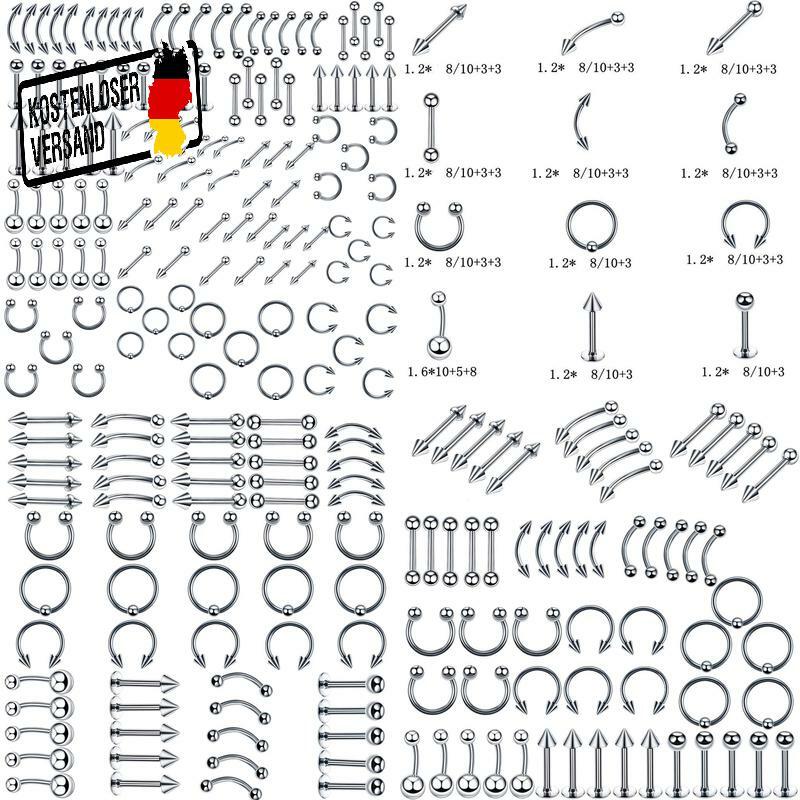 Piercing Set 120X Edelstahl Acryl Mix Körperschmuck Studs Barbells Bananabells 