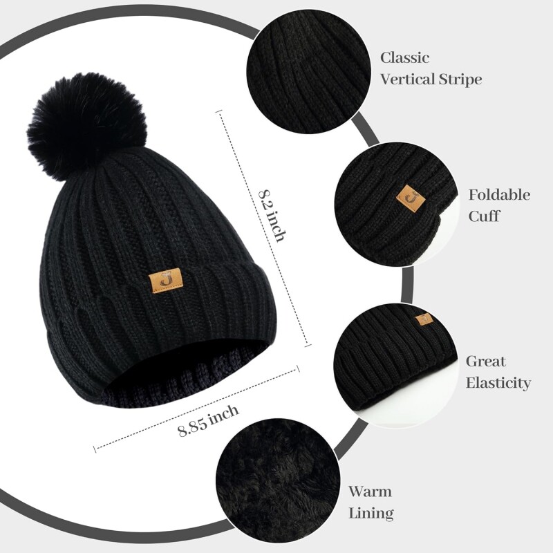 Winter Beanie Fleece Lined Pom Pom Hat Long Scarf Touchscreen Gloves for Women