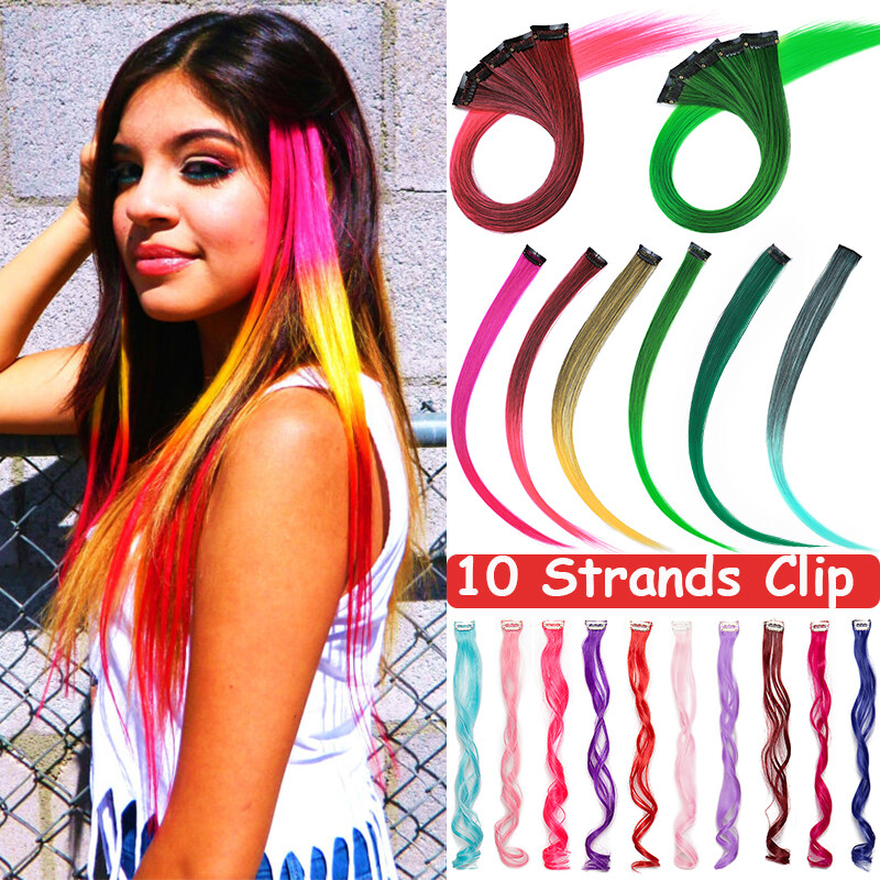 10 Pieces Clip In Highlight Long Streaks Rainbow Braid Hair Extensions for Human