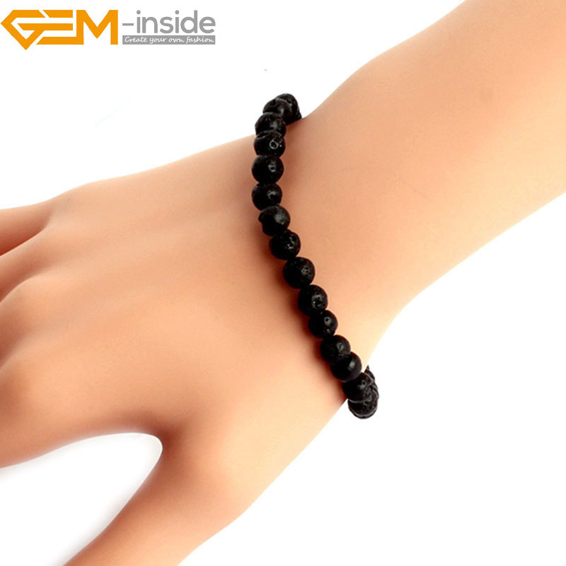 Natural Stone Black Volcanic Lava Sponge Beaded Enegry Stone Bracelet Women 7.5