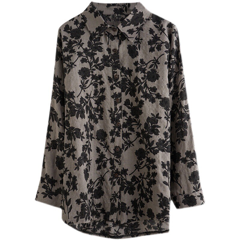 Women Button Down Blouse Top Floral Traditional Long Sleeve Shirt Asian Style