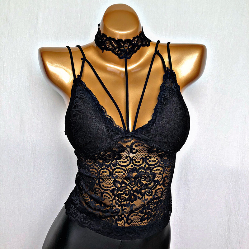 Damen Unterhemd Tanktop Ärmellos Neckholder Spitze Rückenfrei Gothic Punk Neu