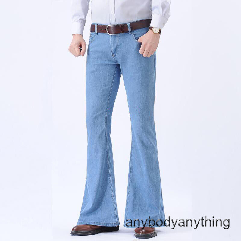 Men Stretch Bell Bottom Jeans Casual Slim Low Rise Flared