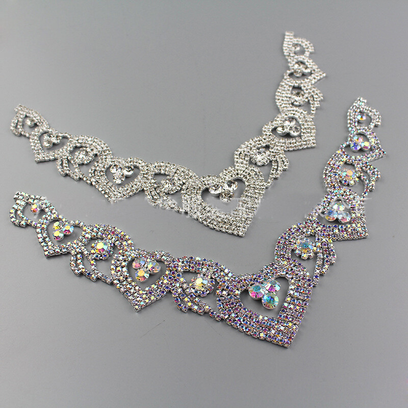 1PC Rhinestone Applique Chain Shiny Beaded Flower DIY Collar Edging Trim Sew On