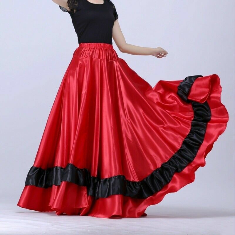 Ladies Long Dance Skirt Shiny Satin Flamenco Spanish Elegant Dancewear Big Swing