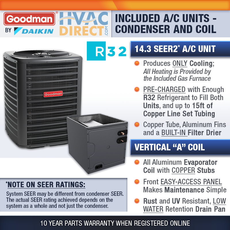 Goodman 2.5 Ton R32 Air Conditioner & 96% 60000 BTU Upflow Gas Furnace System