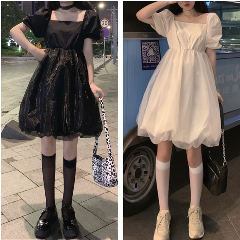 Women Mini Dress Short Puff Sleeve Lolita Tutu Cute Organza Casual Black New