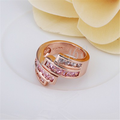 18K Rose Gold Filled Tarnish-Resist white/pink Cubic Zirconia CZ Wide Ring E0982