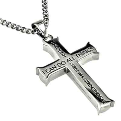 Christian Cross Pendant Necklace ''I Can Do All Things Through Christ'' Silvery