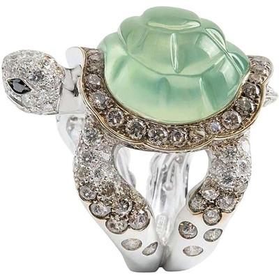 Luxury Carved Turtle Ring Exquisite Two Tone Metal Inlaid Green Stone Zircon