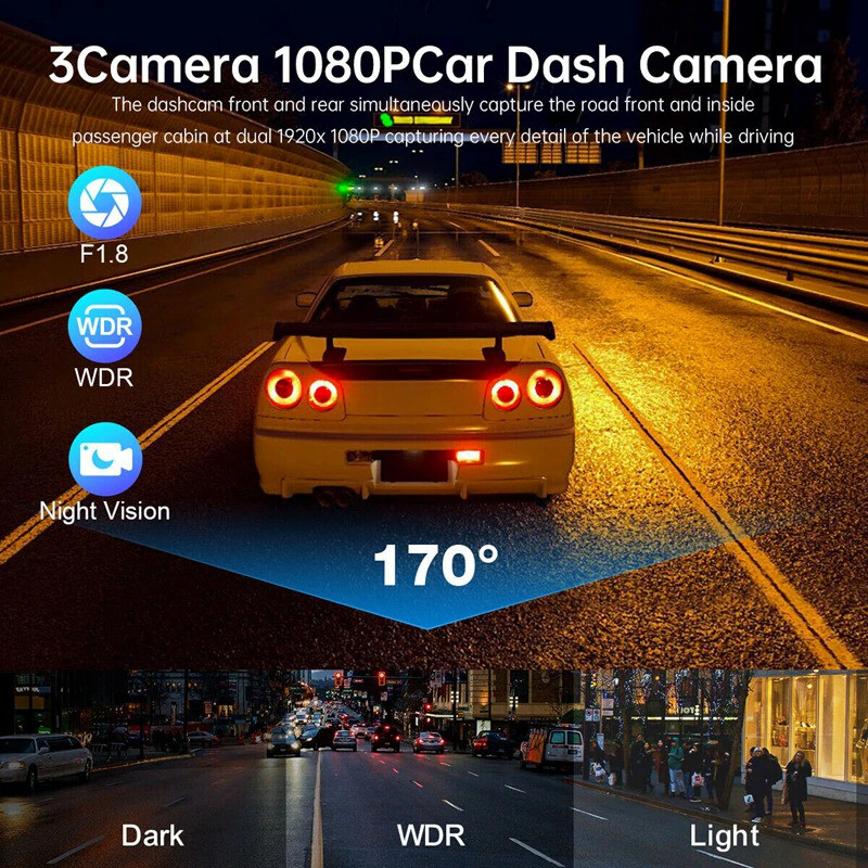 Car 3-Lens Driving Recorder 1080P Front/Rear/Interior Video Camera G-Sensor DVR