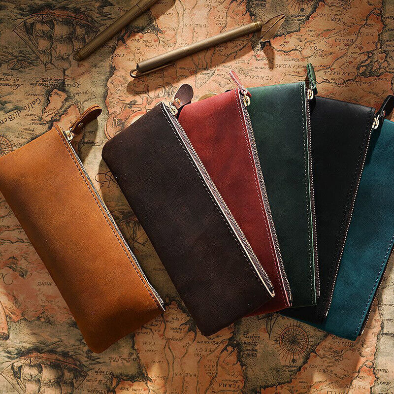 Handmade Cow Leather Pencil Bag Retro Zipper Pen Case School