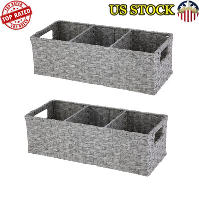 3 Compartment Storage Baskets Set of 2 Handcrafted W/ Handles Lightweight New