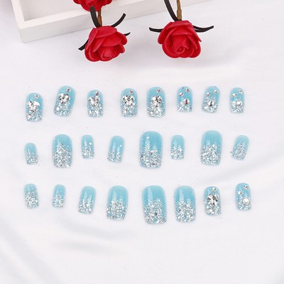 24 Pcs/Set Glitter Blue Bride 3D Fake Nails Wrapped Tips Artificial False   L AS