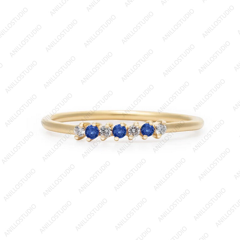 Pre-owned Handmade 14k Yellow Gold Natural Blue Sapphire Band Trio Sapphire, Dainty Ring Size 7