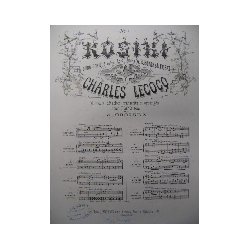Lecocq Charles Kosiki No 1 PoupÃ©E Piano 1876