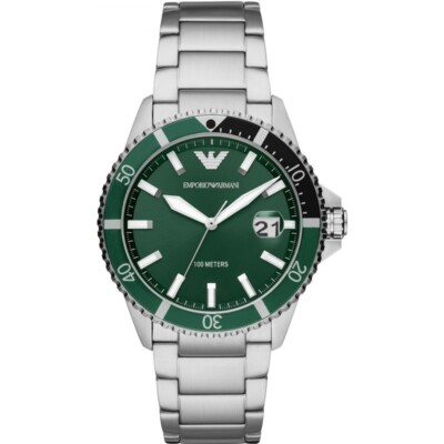 NEW EMPORIO ARMANI MENS AR11338 GREEN HULK STAINLESS STEEL DAY-DATE WATCH