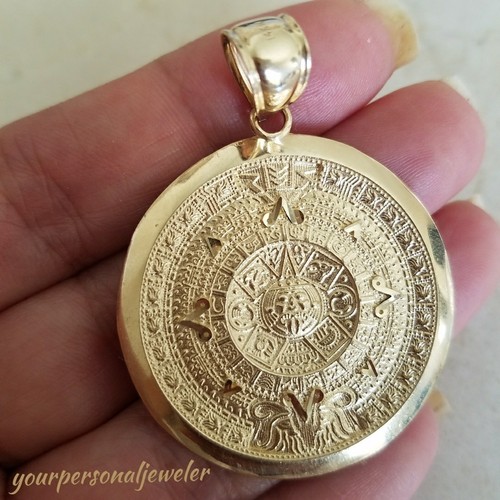 Pre-owned Handmade Larg Big Solid Real 14k Yellow Gold Aztec Sun Calendar Pendant Charm 1.90" Long