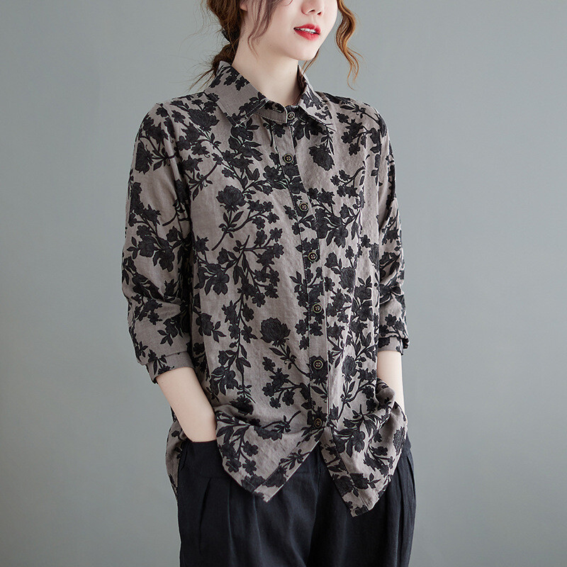 Donna con Bottoni Camicetta Asiatico Stile Classico Manica Lunga Floreale Maglia