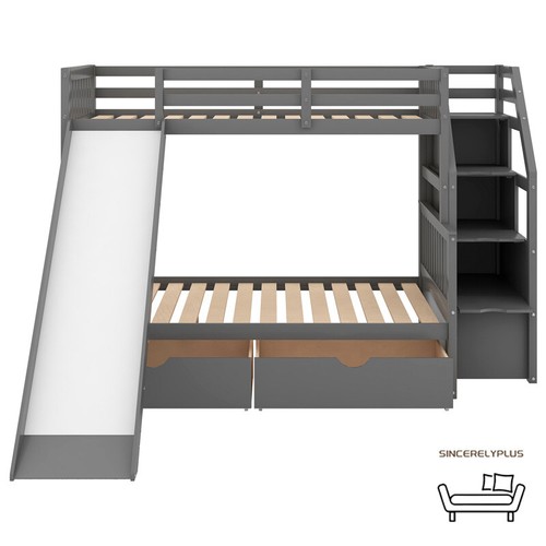 Gray Twin Over Full Size Bunk Bed Frame Pine Wood With Slide Staircase 2 Drawers