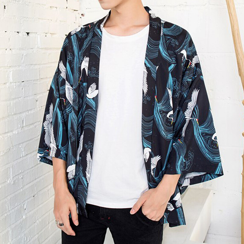 Men 3/4 Sleeve Crane Print Loose Kimono Cardigan Jacket Top Shirt Japanese Asian