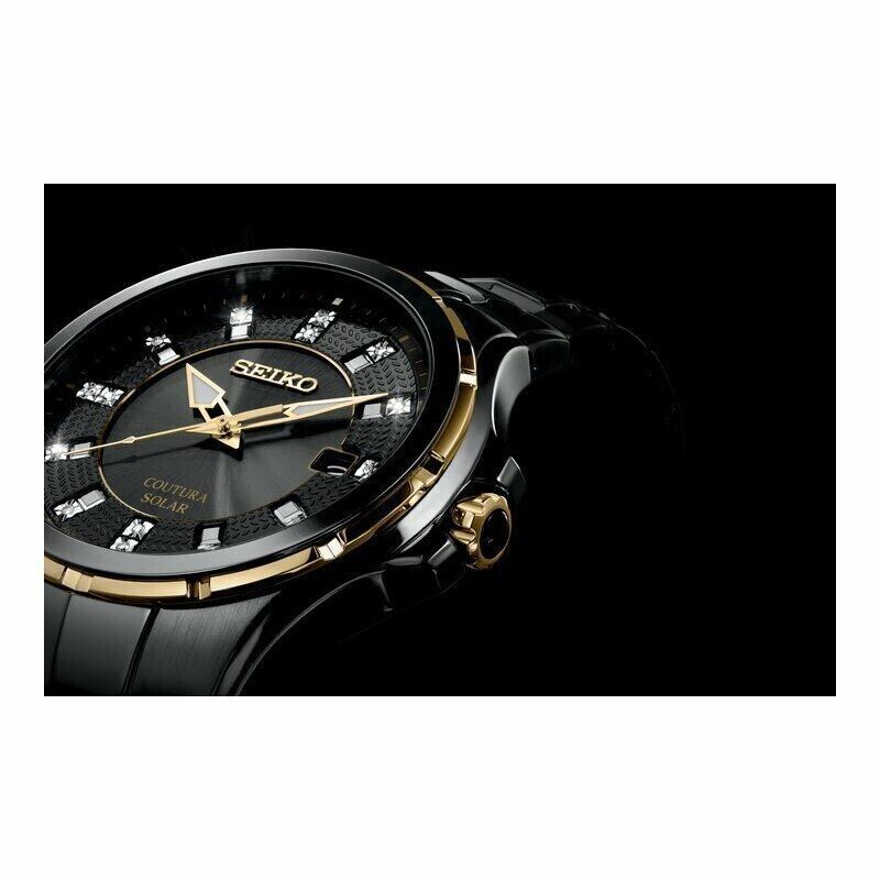 Pre-owned Seiko Men's Solar Coutura Diamond Black Pvd Steel Bracelet Watch Sne506