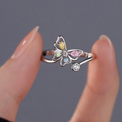 925 Silver Zircon Butterfly Open Ring Finger Adjustable Women Fashion Jewelry