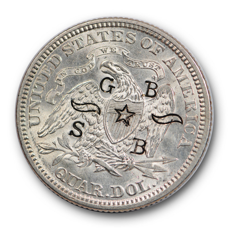1873 25C Arrows Liberty Seated Quarter Uncirculated Counter Stamped ! #3655