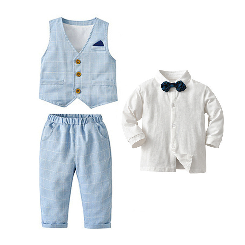 Baby Boy Gentleman Birthday Party Shirt Top Bowtie Check Vest Pants Outfits Suit