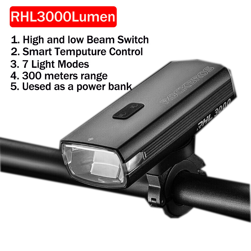 ROCKBROS Bike Super Bright Headlight 3000 Lumen Temperature Control Smart Light