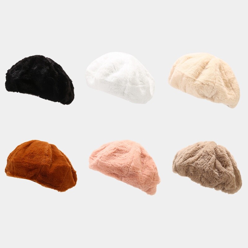 Bonnet Béret Français Fausse Fourrure Femme Sans Visière Chapeaux Hiver Chaud