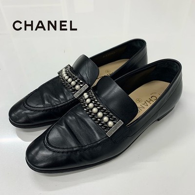 Chanel Leather Coco Mark Loafers with Pearl Chain Black 36.5