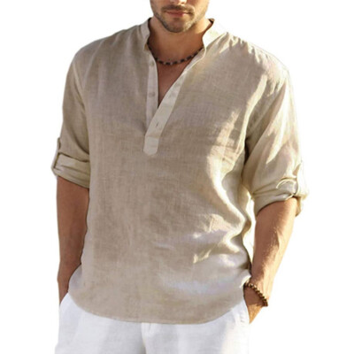 Mens Long Sleeve Linen Shirt Summer Solid Loose Casual Dress Shirt Blouse Tops H