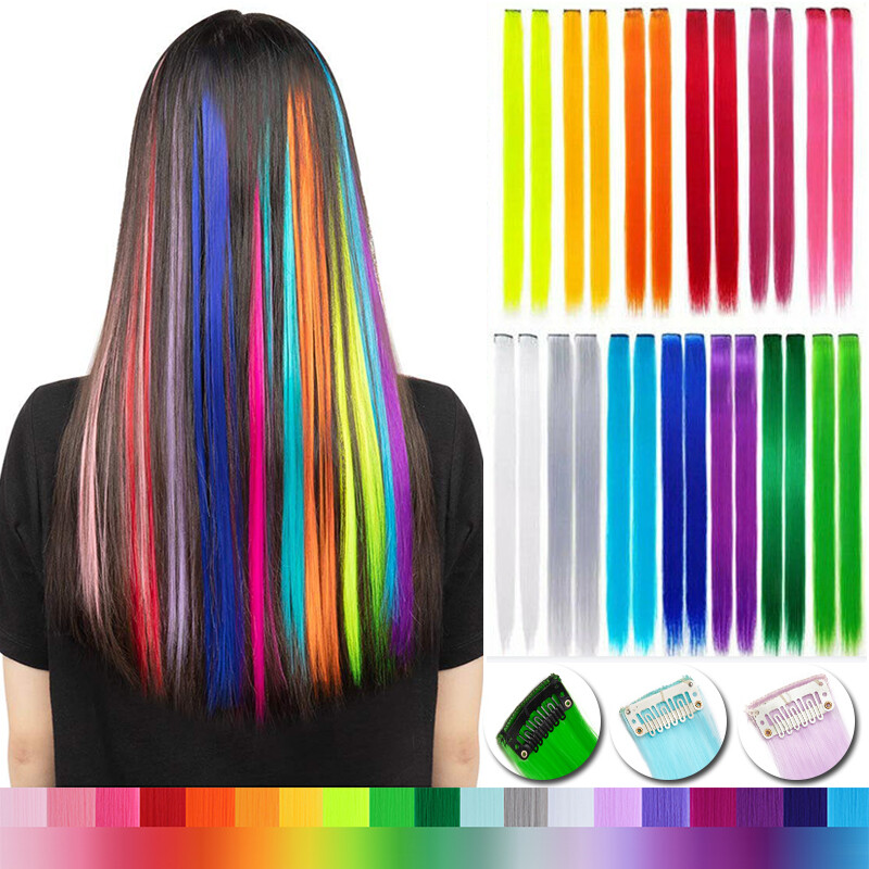 DIY 10 Pieces Highlight Streaks Clip In Rainbow Hair Extensions Coloured Braids