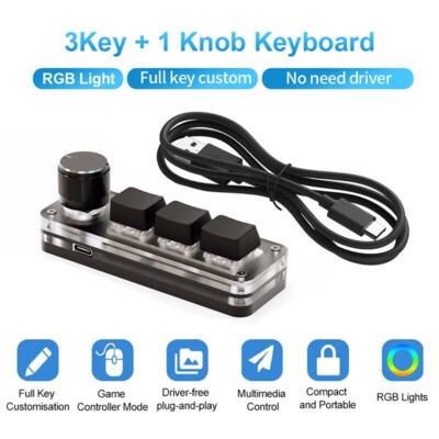 Macro Pad 3 Key Knob Keyboard RGB Custom Mini Button Macropad Programmable USB-C