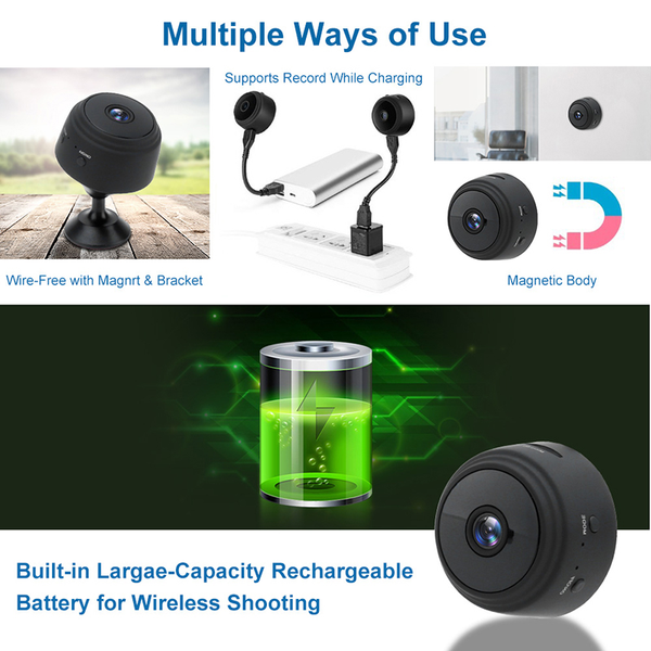 Versatile magnetic wireless camera with rechargeable battery.