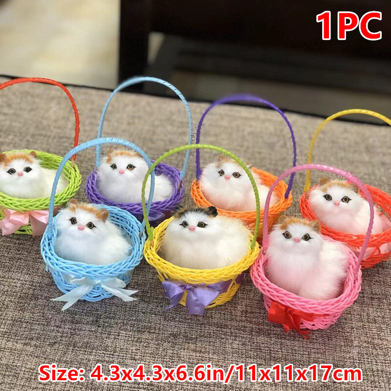 1X Imitation Basket Cat Kitten with Sound Plush Toy Doll Desk Ornament Decor
