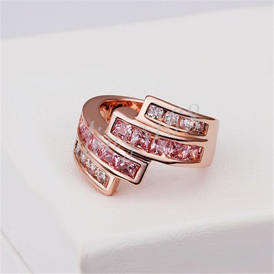 18K Rose Gold Filled Tarnish-Resist white/pink Cubic Zirconia CZ Wide Ring E0982