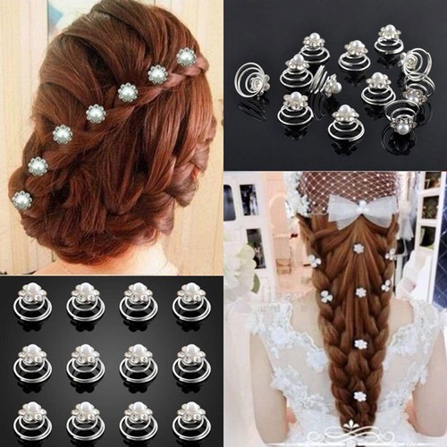6pcs Women Wedding Bridal Flower Spirals Crystal Twist Pin Pearl
