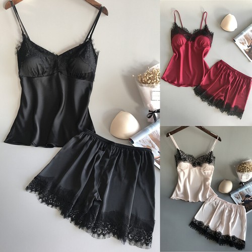 Damen PyjamaSet Spitze Schlafanzug Nachthemd Satin Nachtwäsche Dessous Negligé