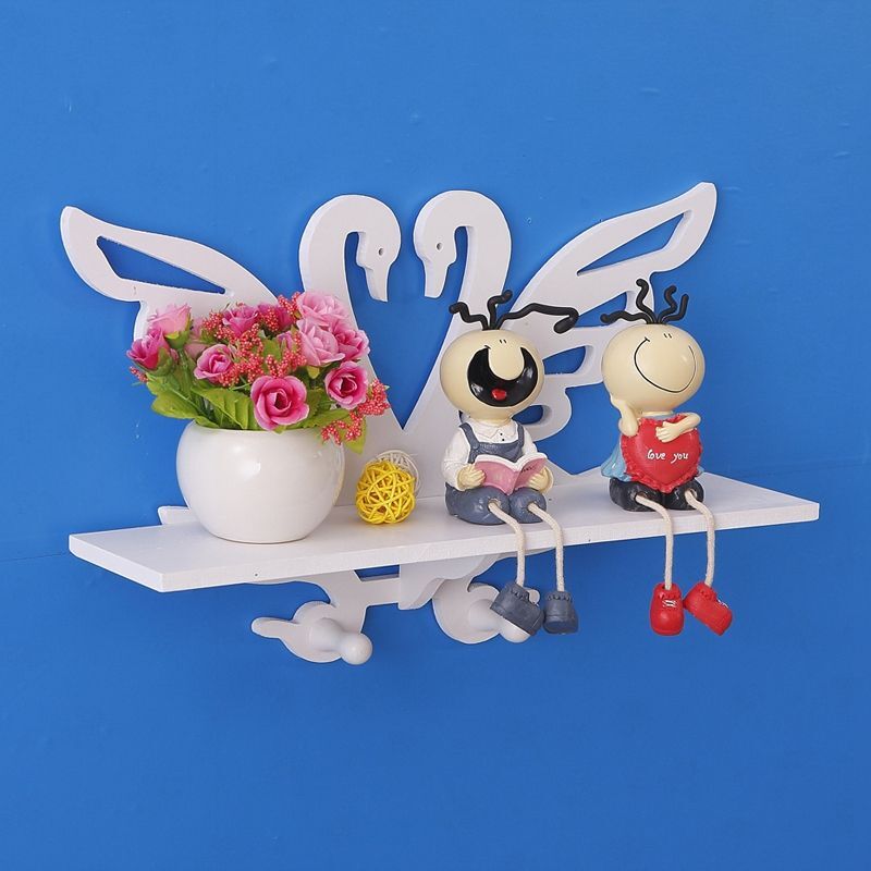 Decorazione Parete In Legno Bianco Con Mensola 2 Appendini Cigni bal