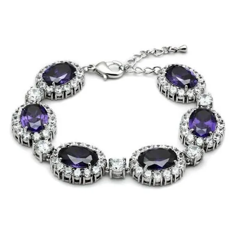 Women Rhodium Brass Bracelet with AAA Grade CZ in Amethyst - 7 In.