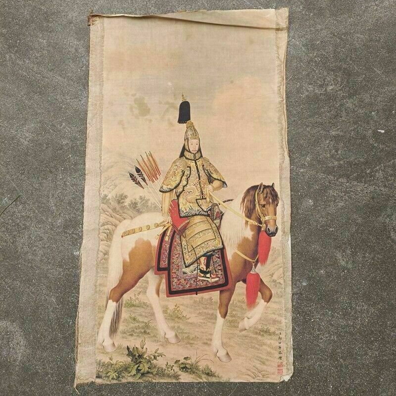 Old Chinese calligraphy Scroll Hand Painted Man riding a horse painting slice