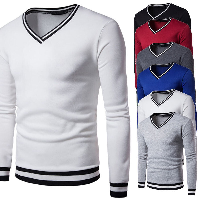 Mens Long Sleeve T-shirt Casual V Neck Pullover Slim Fit Muscle Tops Blouse Tee