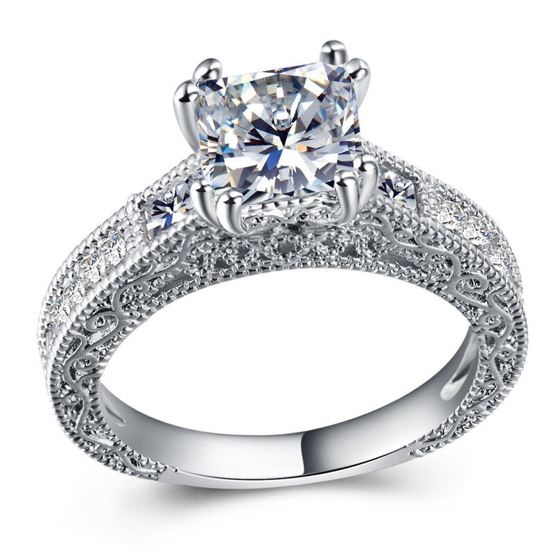 Elegant Women 925 Silver Filled Princess Cut Cubic Zircon Wedding Ring Sz 6-10