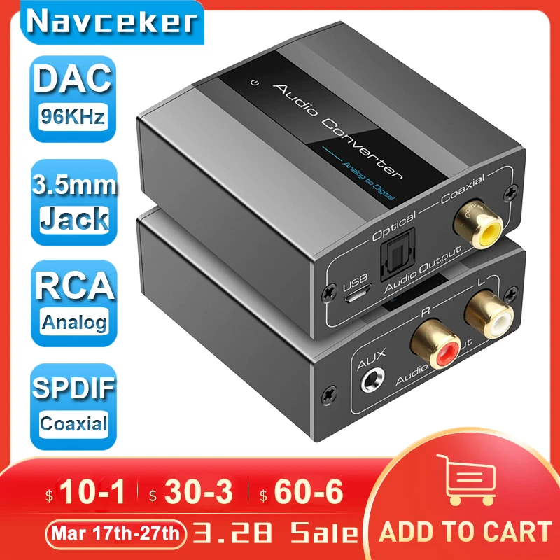 96KHz Analog to Digital Audio Converter With RCA 3.5mm Jack Stereo to Optical To