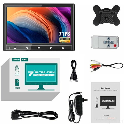 Mini 7" LCD CCTV Monitor HD PC Screen HDMI VGA AV RCA for Raspberry Pi DSLR -US
