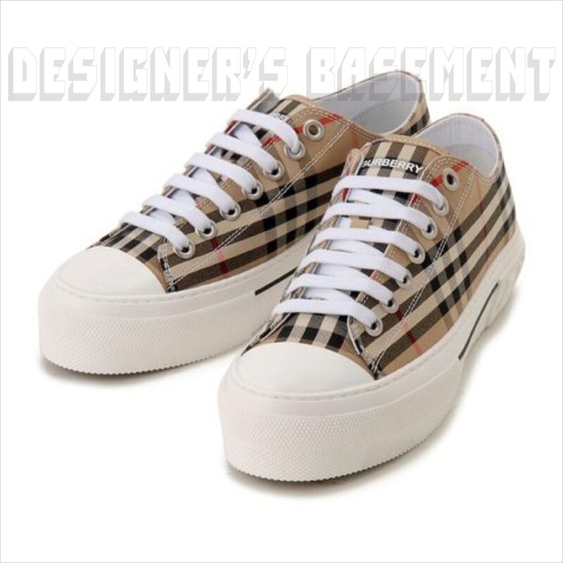 Pre-owned Burberry Archive Beige Check Canvas 44eu/10uk Rubber Logo Jack Sneakers $650 In Brown