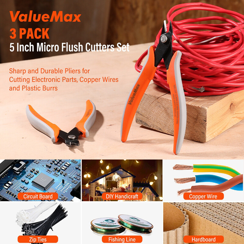 ValueMax 3PCS 5" Flush Wire Cutter Precision Micro Cutter Anti-Slip Flush Pliers