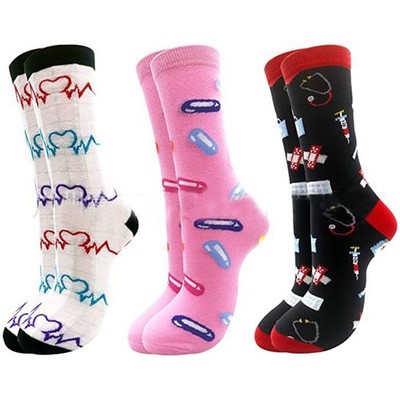 Unisex Novelty Cotton Crew Socks Funny Doctor Nurse for Pill Stethoscope Hosiery